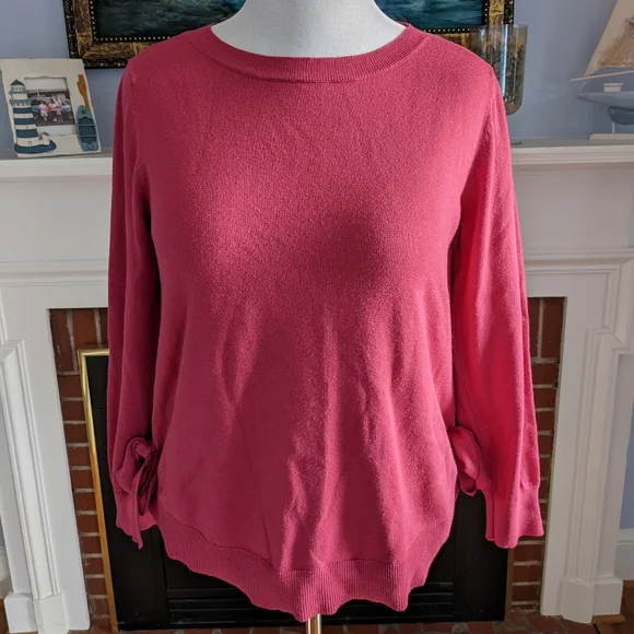 π EUC Cable & Gauge Rosy Pink Crew Neck Bow Sweater, Size XL - Picture 2 of 10